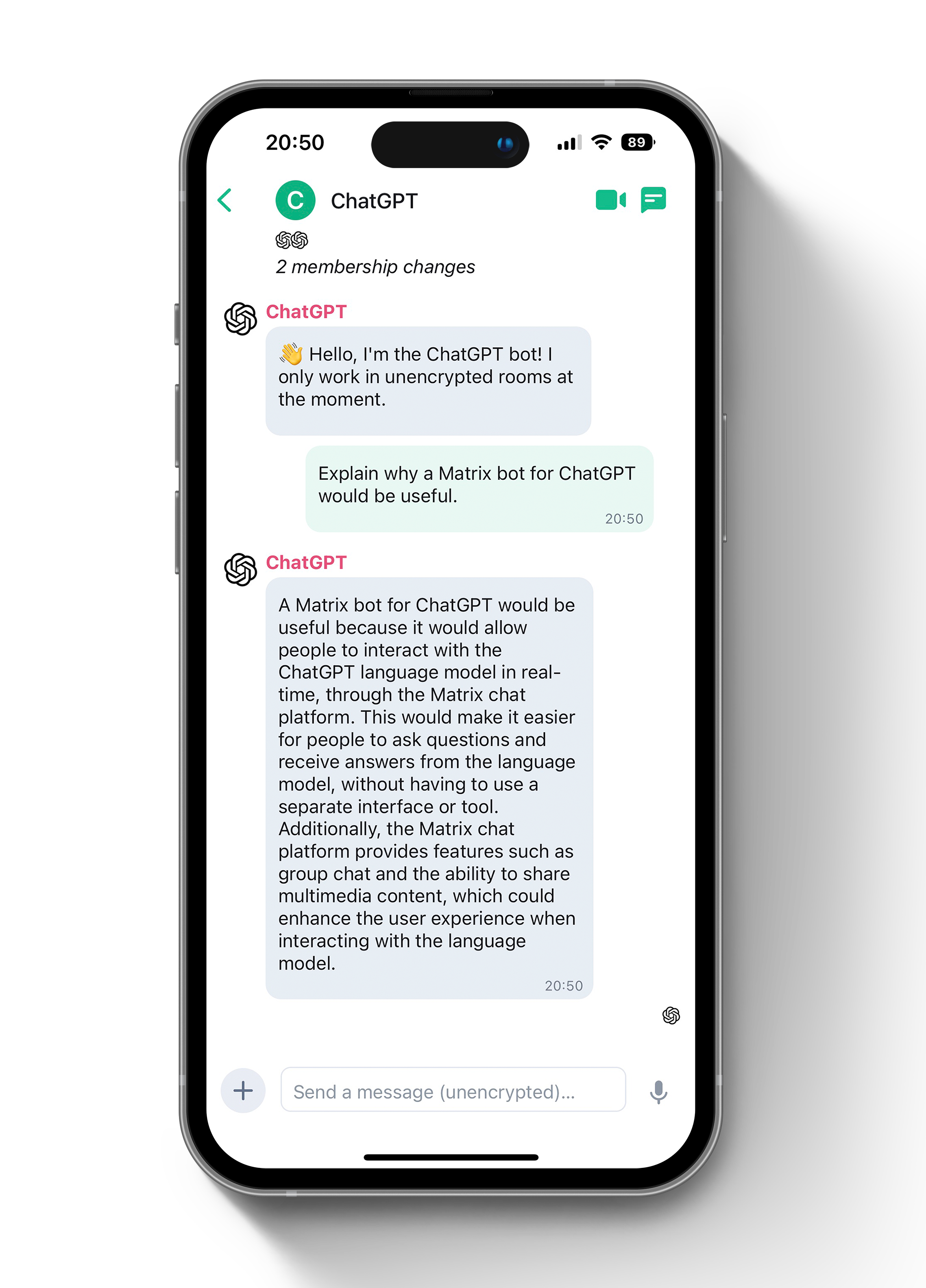 Screenshot of Element iOS app showing conversation with bot
