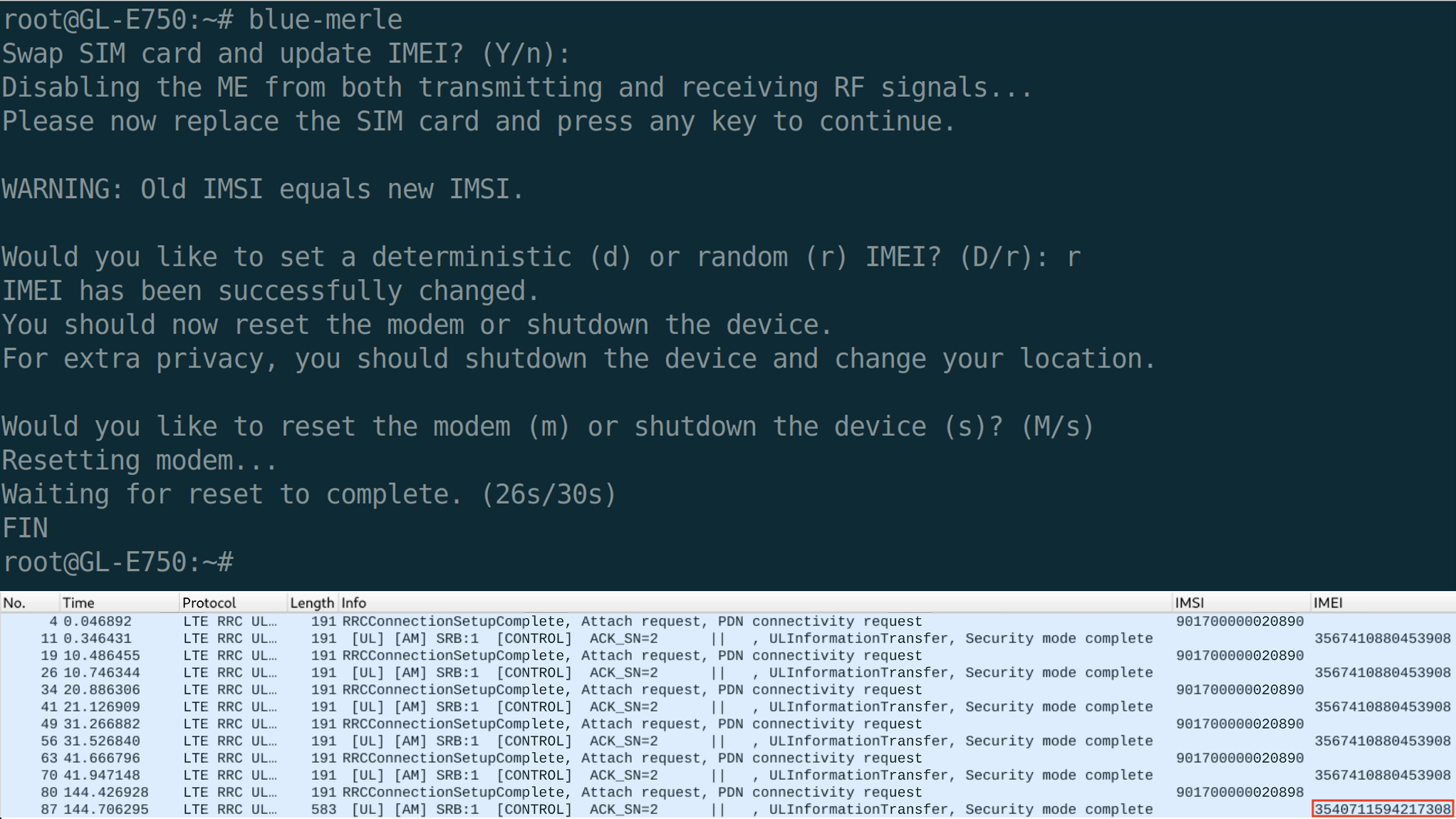 Figure 1. The router's radio is turned off and the IMEI is randomized between entries 70 and 80. The ISP cannot connect to it.