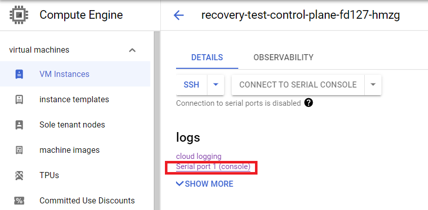 GCP portal serial console link