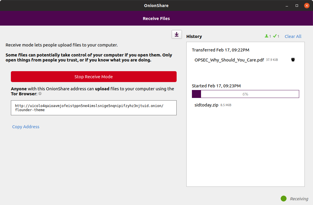 Receive mode OnionShare
