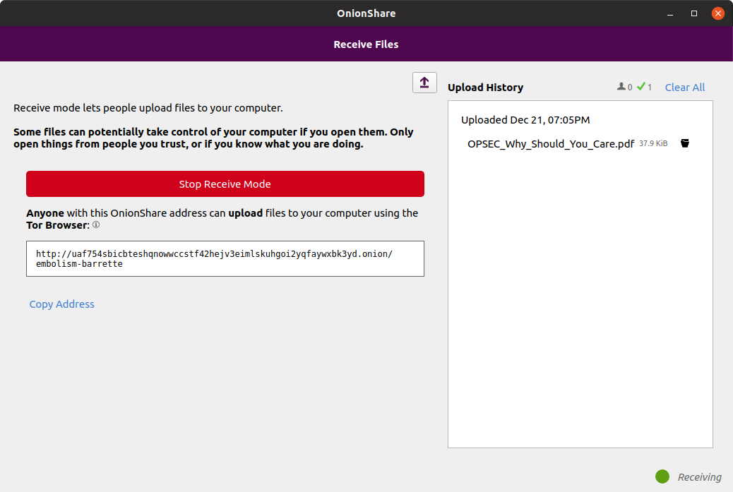 Receive mode OnionShare