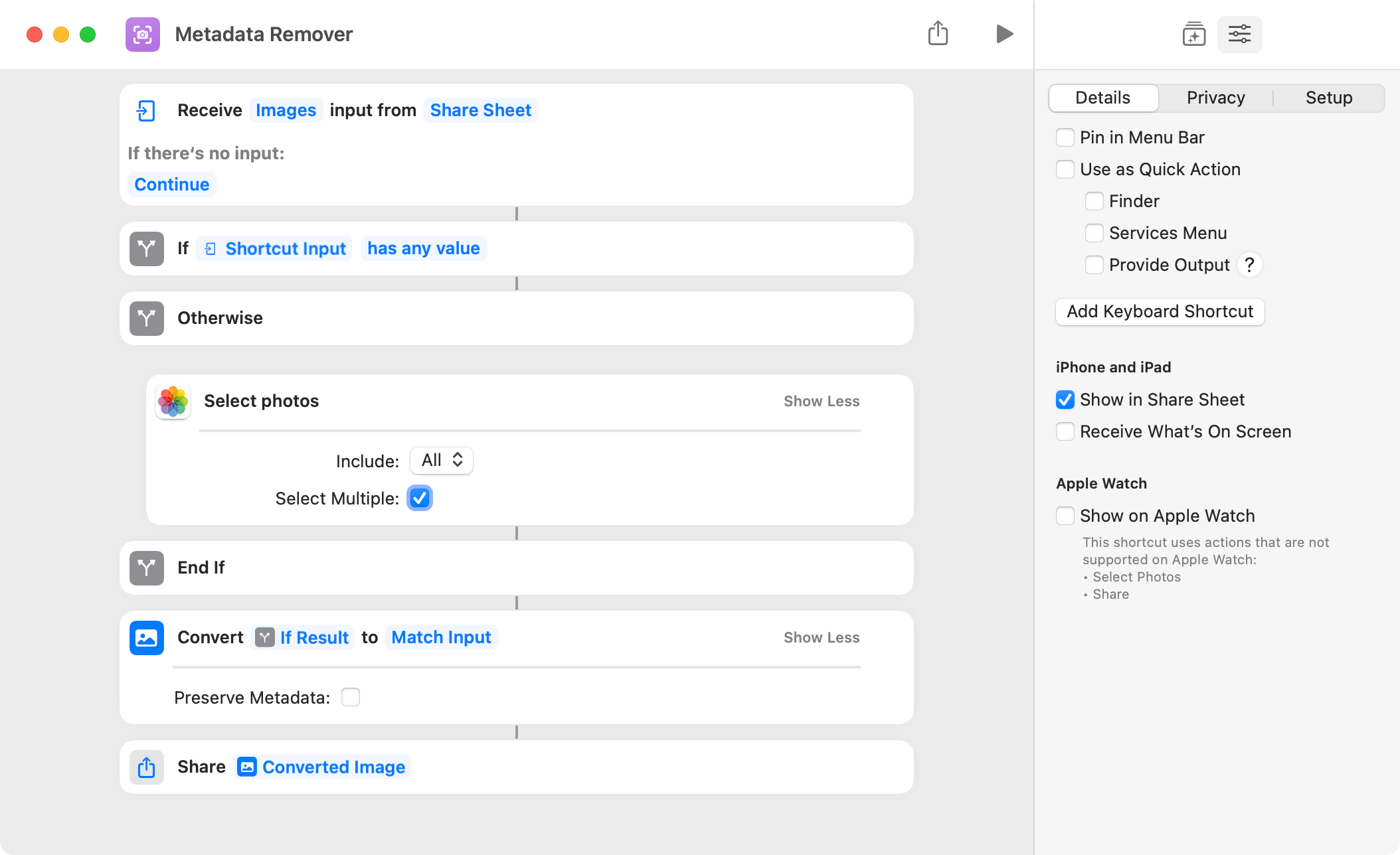 iOS/iPadOS metadata removal shortcut