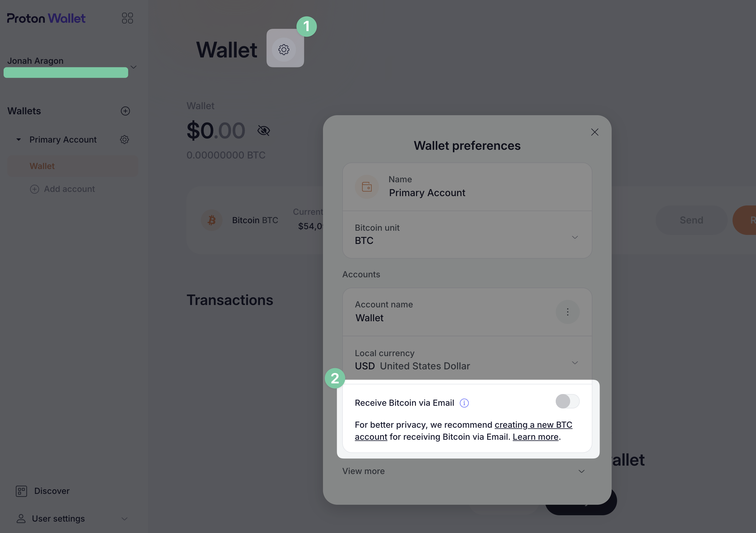 Proton wallet receive Bitcoin via email settings page