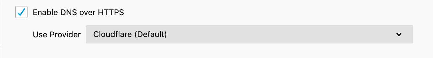 Screenshot of the Enable DNS over HTTPS box checked, with Cloudflare selected in the provider dropdown.