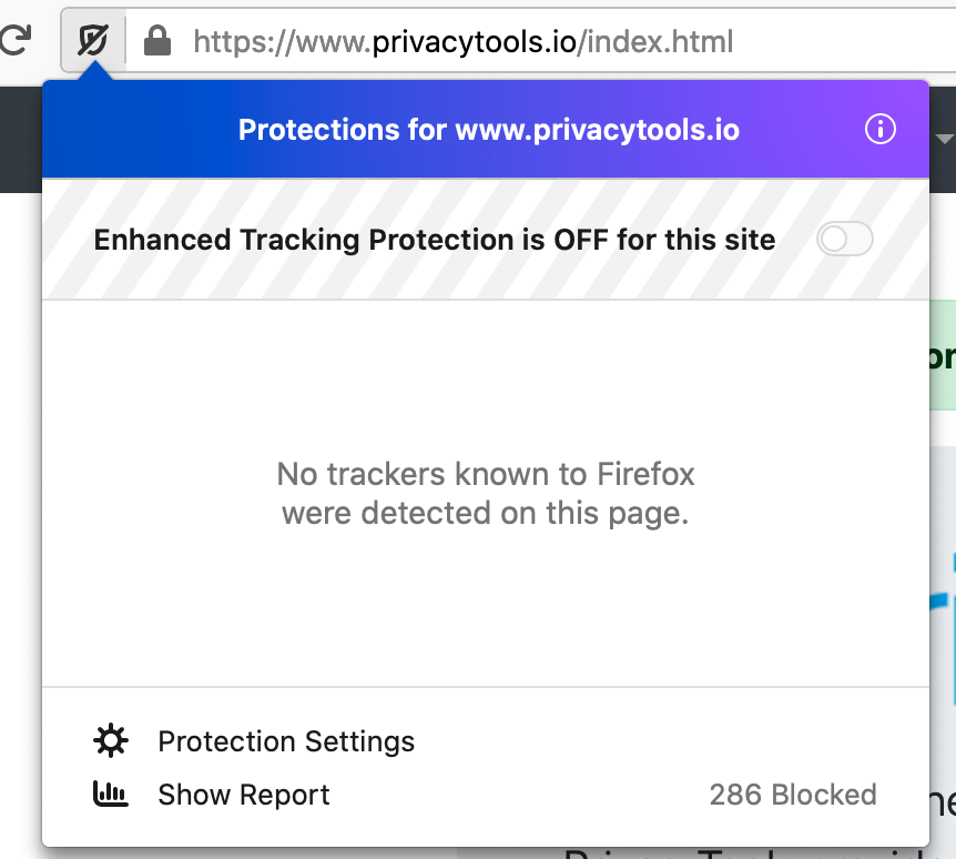 Screenshot of per-site settings for Firefox tracking protection