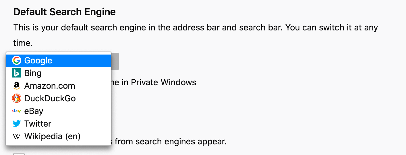 Screenshot of the search engine preferences