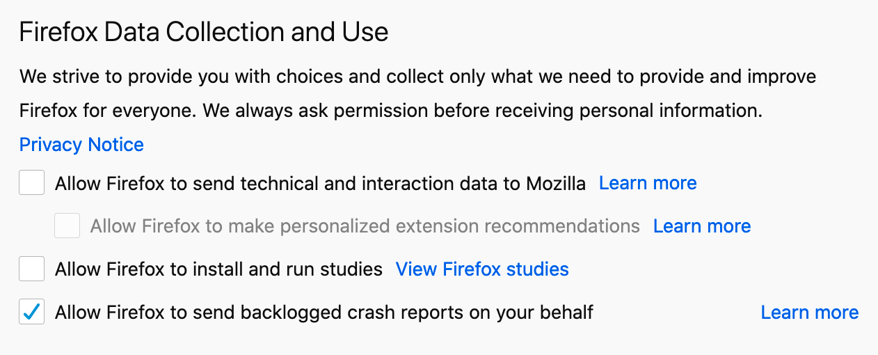 Screenshot of Firefox data collection checkboxes