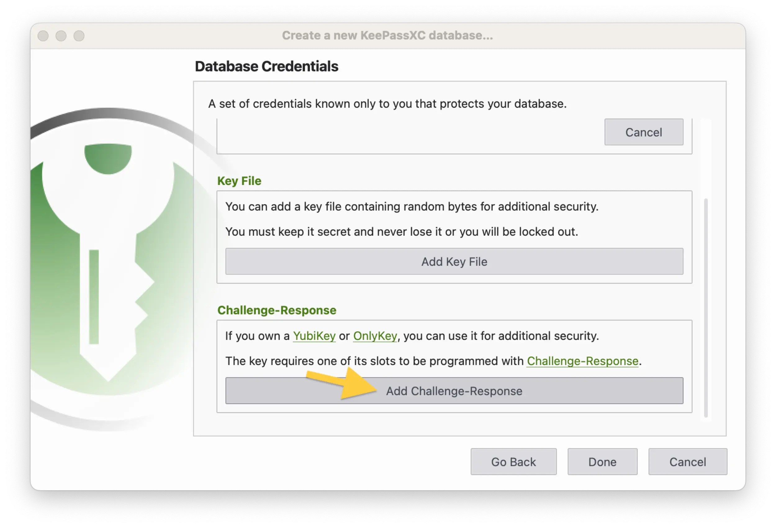 Screenshot of the KeePassXC application showing the popup to Create a new KeePassXC database in the Database Credentials section and highlighting the Add Challenge-Response button.