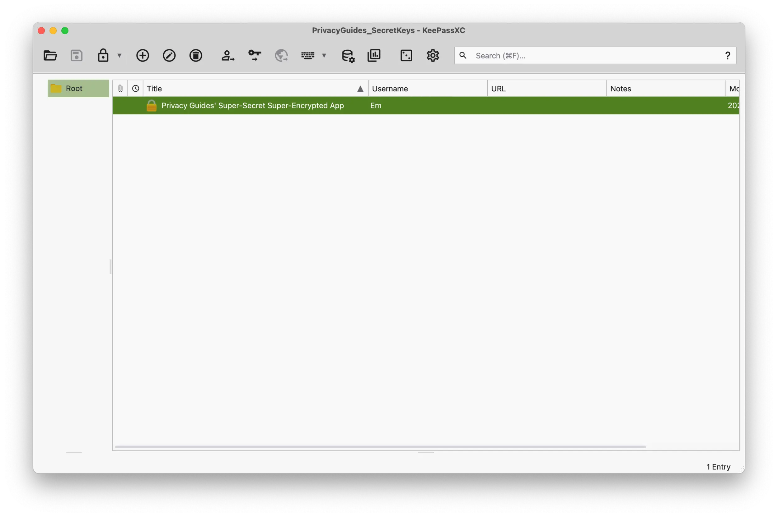 Screenshot of the KeePassXC application showing the database section with one password entry filled.