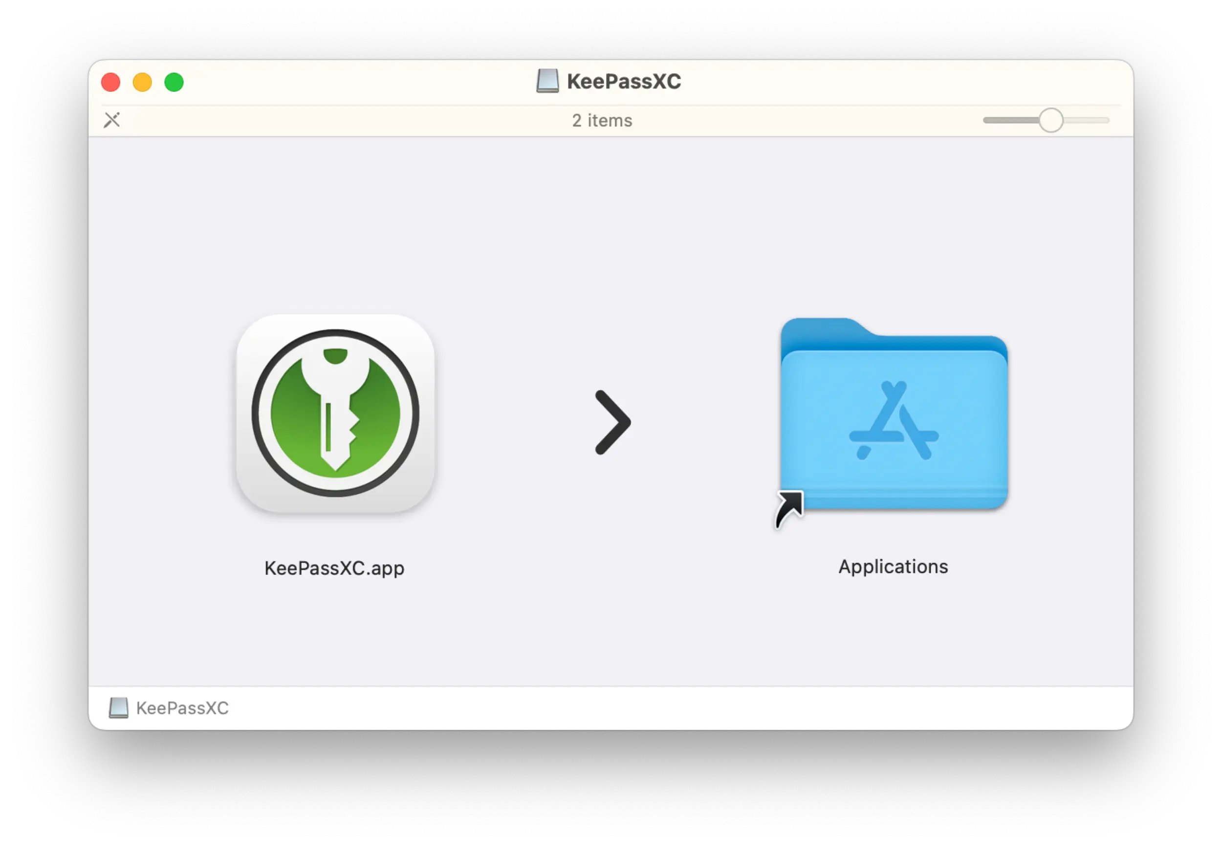 Screenshot of the application installation window for KeePassXC on macOS.