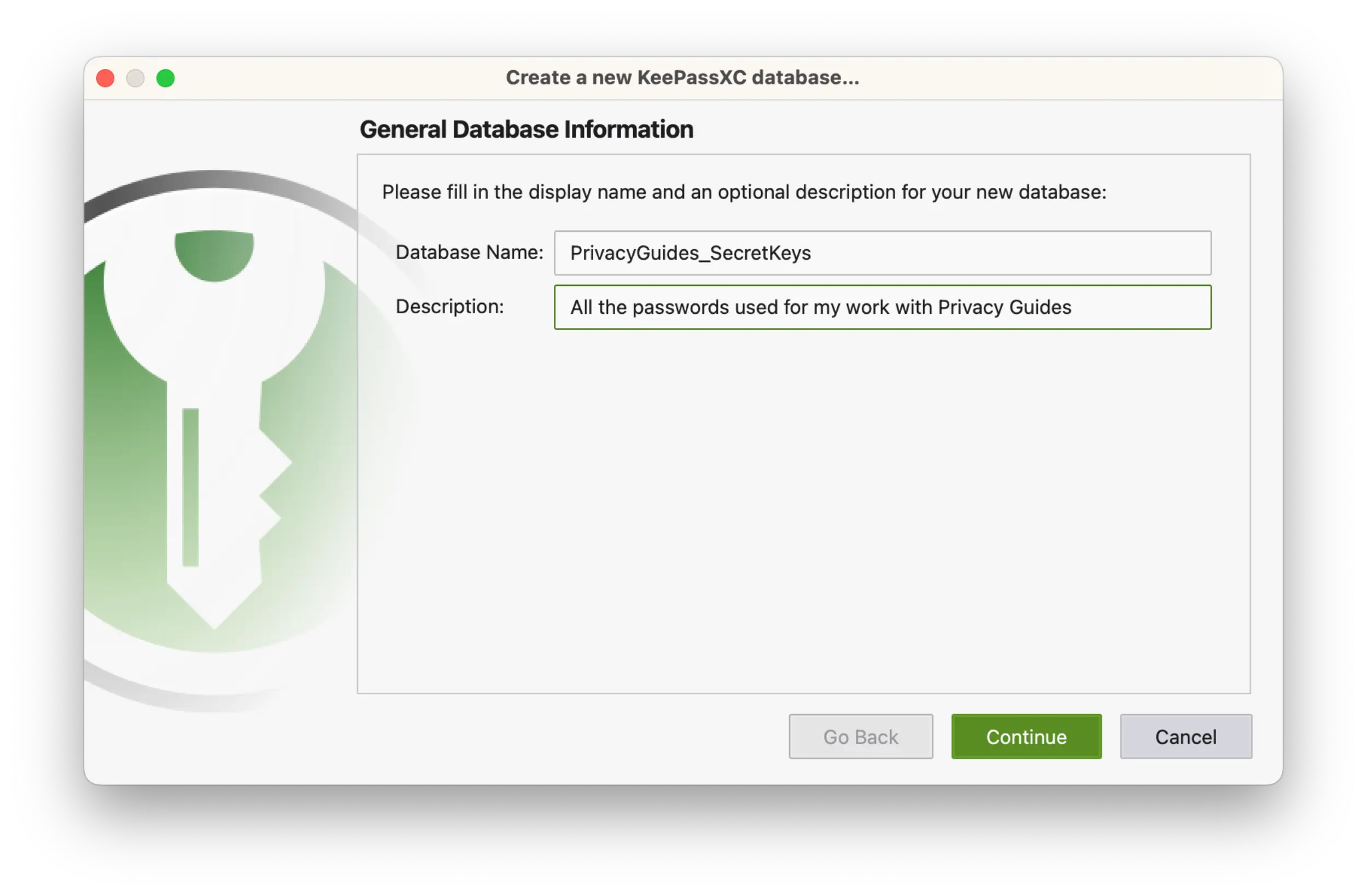 Screenshot of the KeePassXC application showing the popup to Create a new KeePassXC database.
