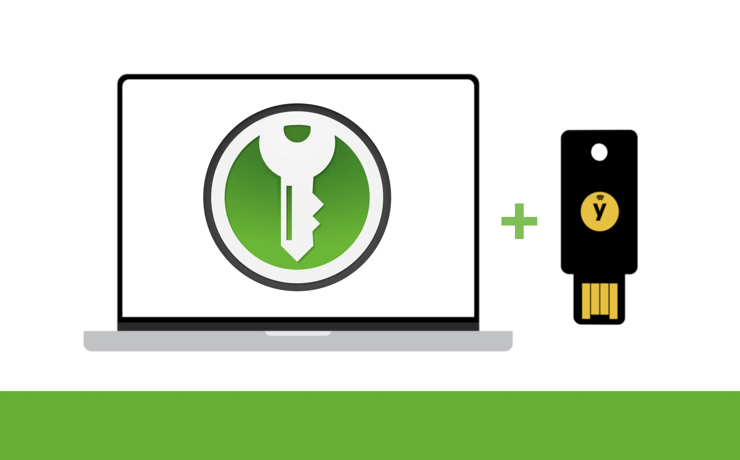 Illustration showing a laptop computer with the KeePassXC logo on it. On the right is a green plus sign and a photo of a YubiKey.