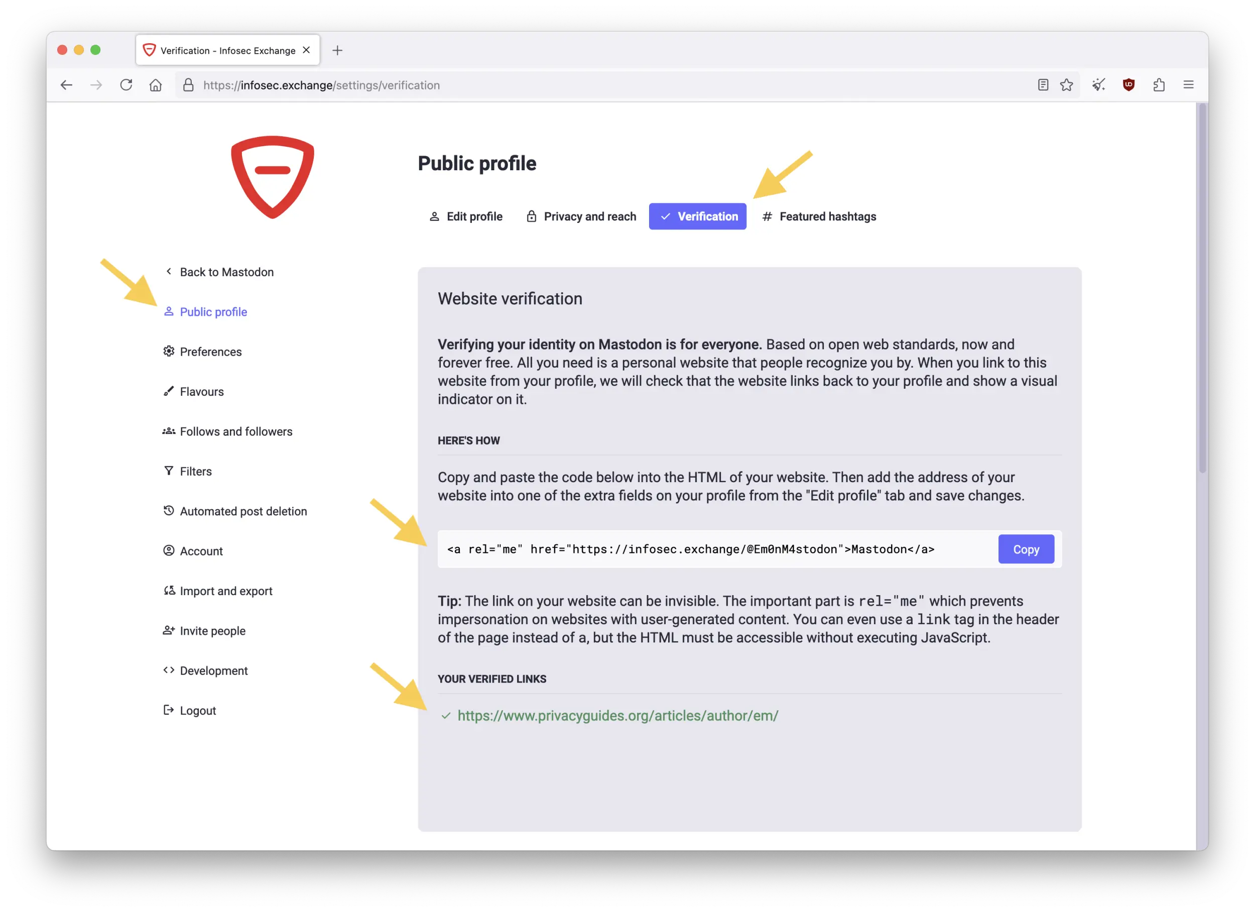 Screenshot of the Mastodon web interface showing the Public profile page in Preferences, from the "Verification" tab. The page shows a link to copy containing the account's address, and a confirmation of links already verified.