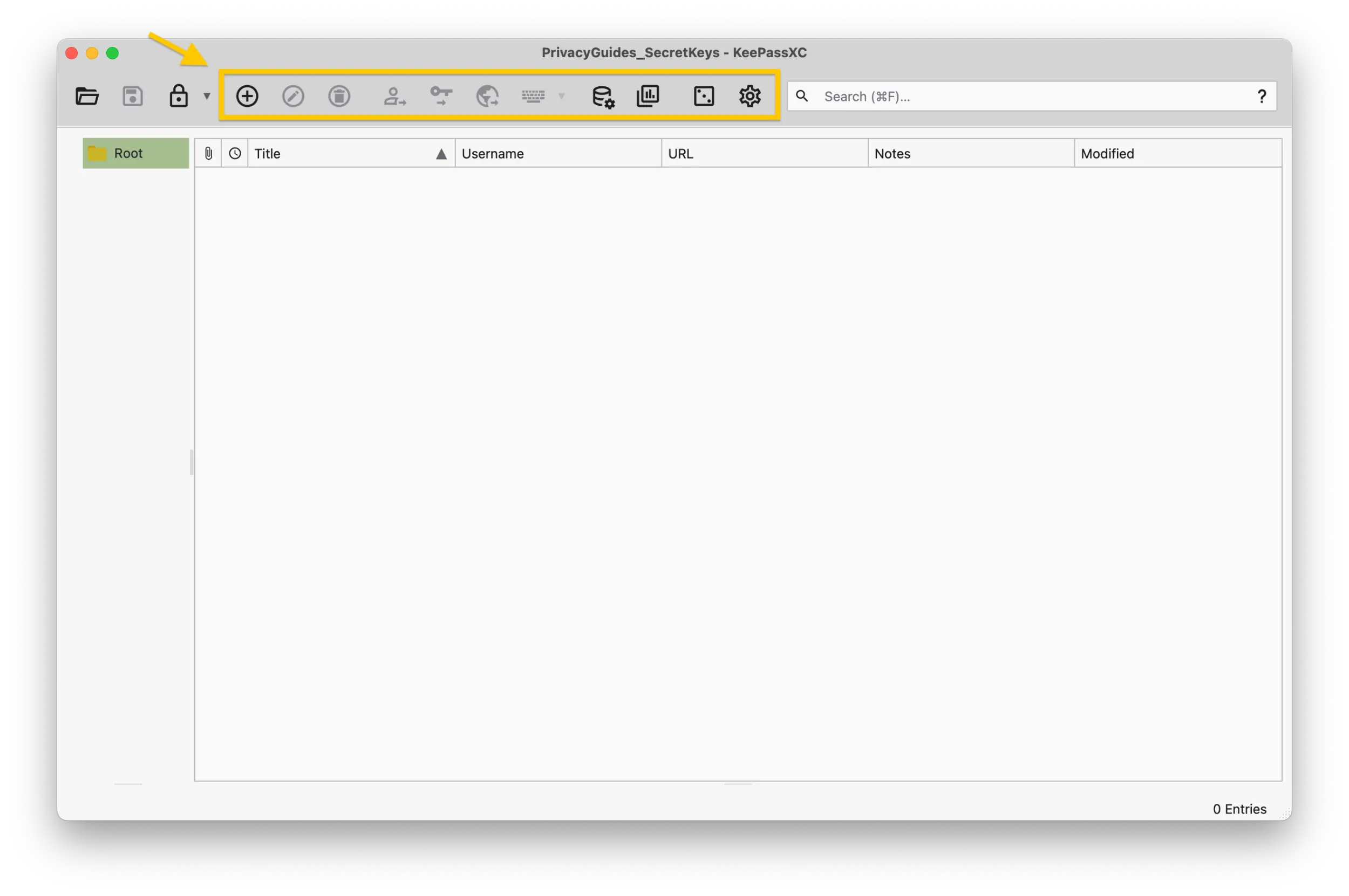 Screenshot of the KeePassXC application showing an empty database section.