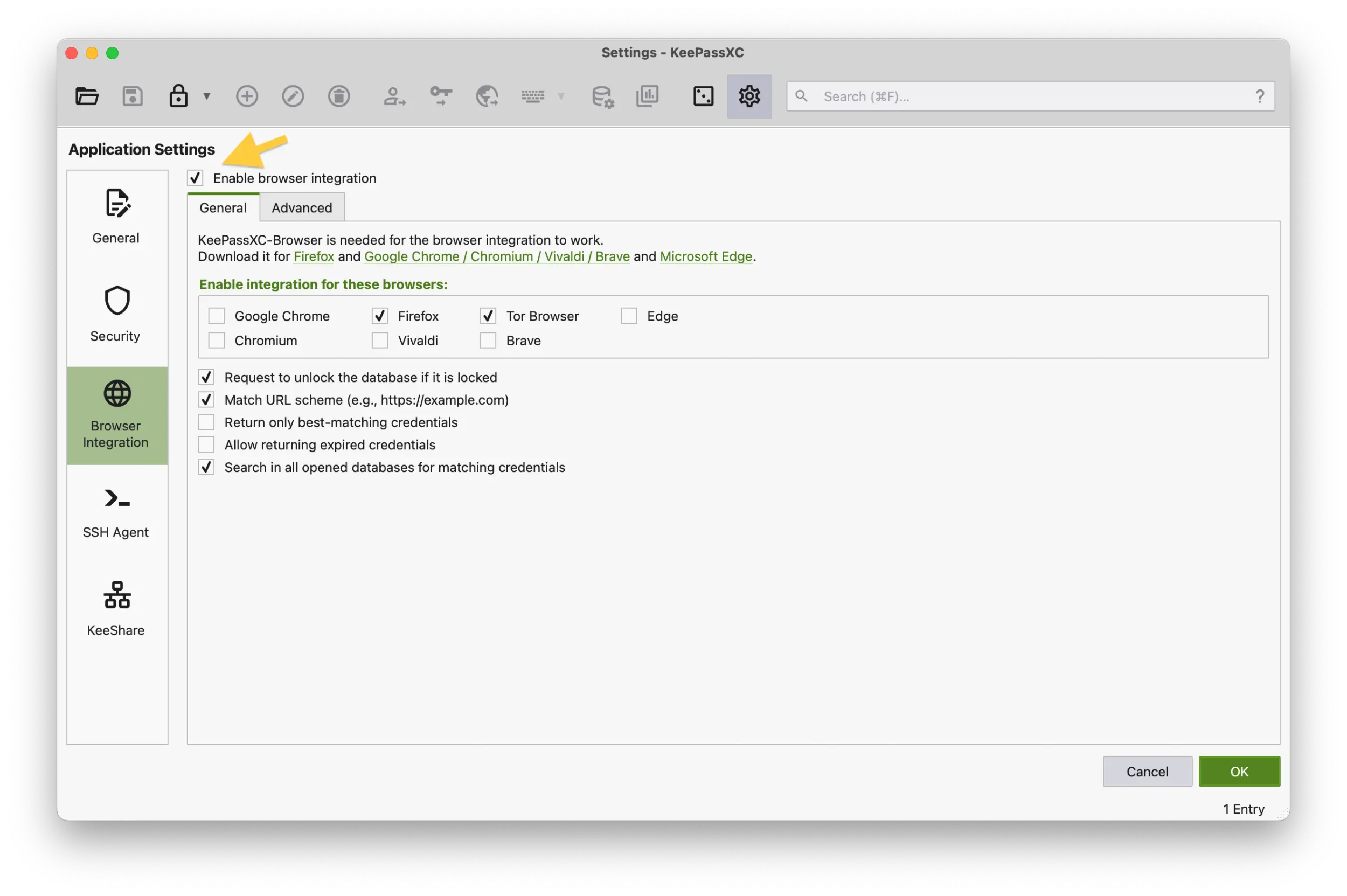 Screenshot of the KeePassXC application showing the Settings section in the Browser Integration subsection with the checkbox for Enable browser integration checked.