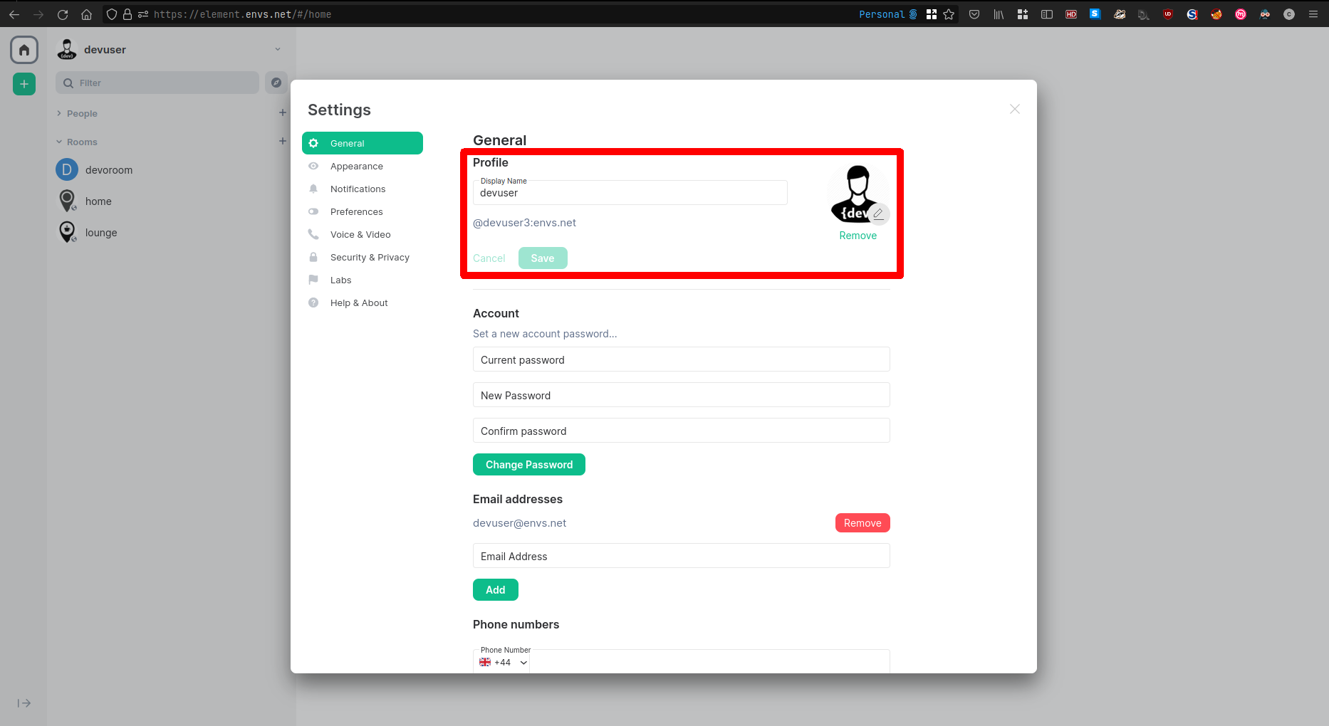 Marking of the field Display name and profile picture in the settings