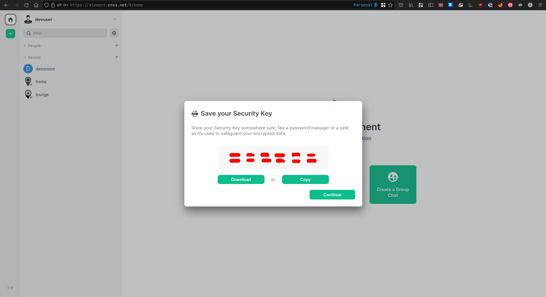 Display of the security key to write or save away