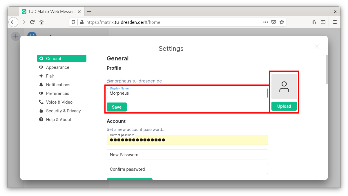 Marking of the field Display name and profile picture in the settings