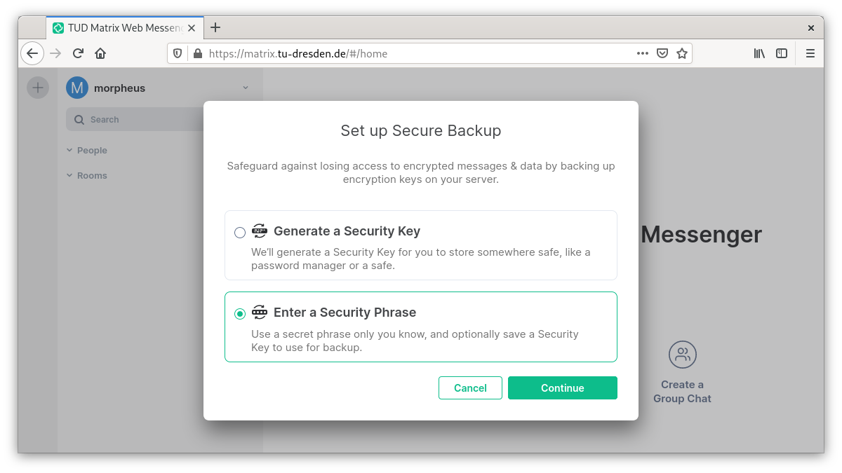 Prompt to generate the security key or enter a security phrase