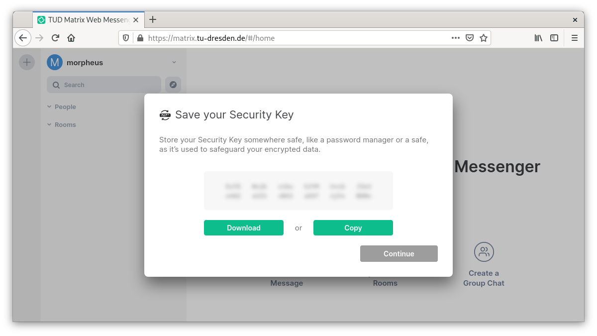 Display of the security key to write or save away