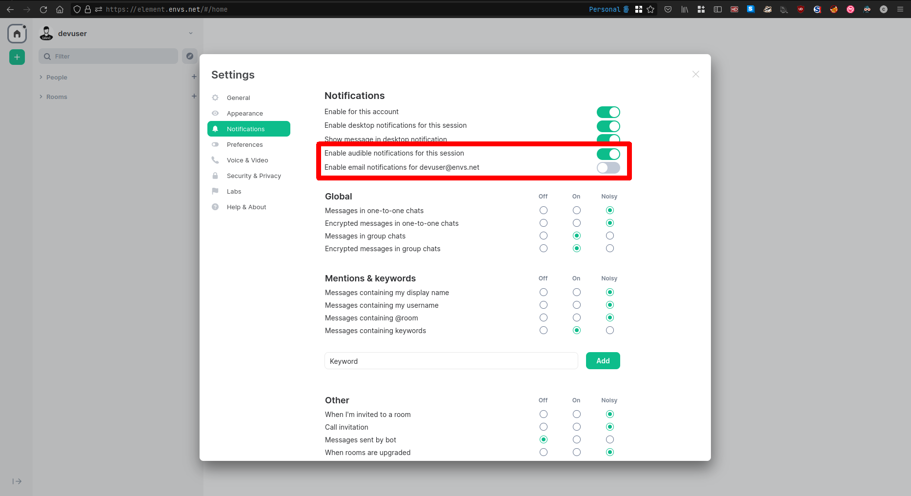 Screenshot of the notification settings with a marker of the switched off e-mail notifications