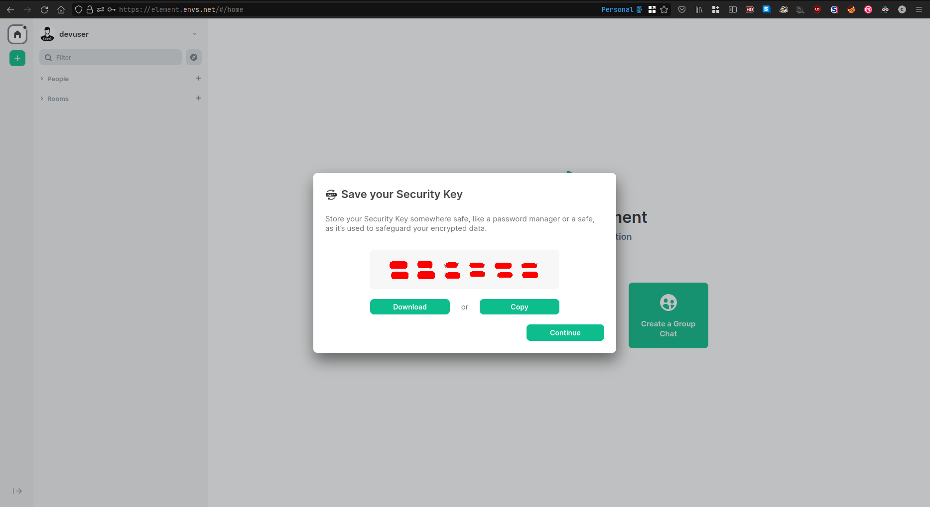 Display of the security key to write or save away