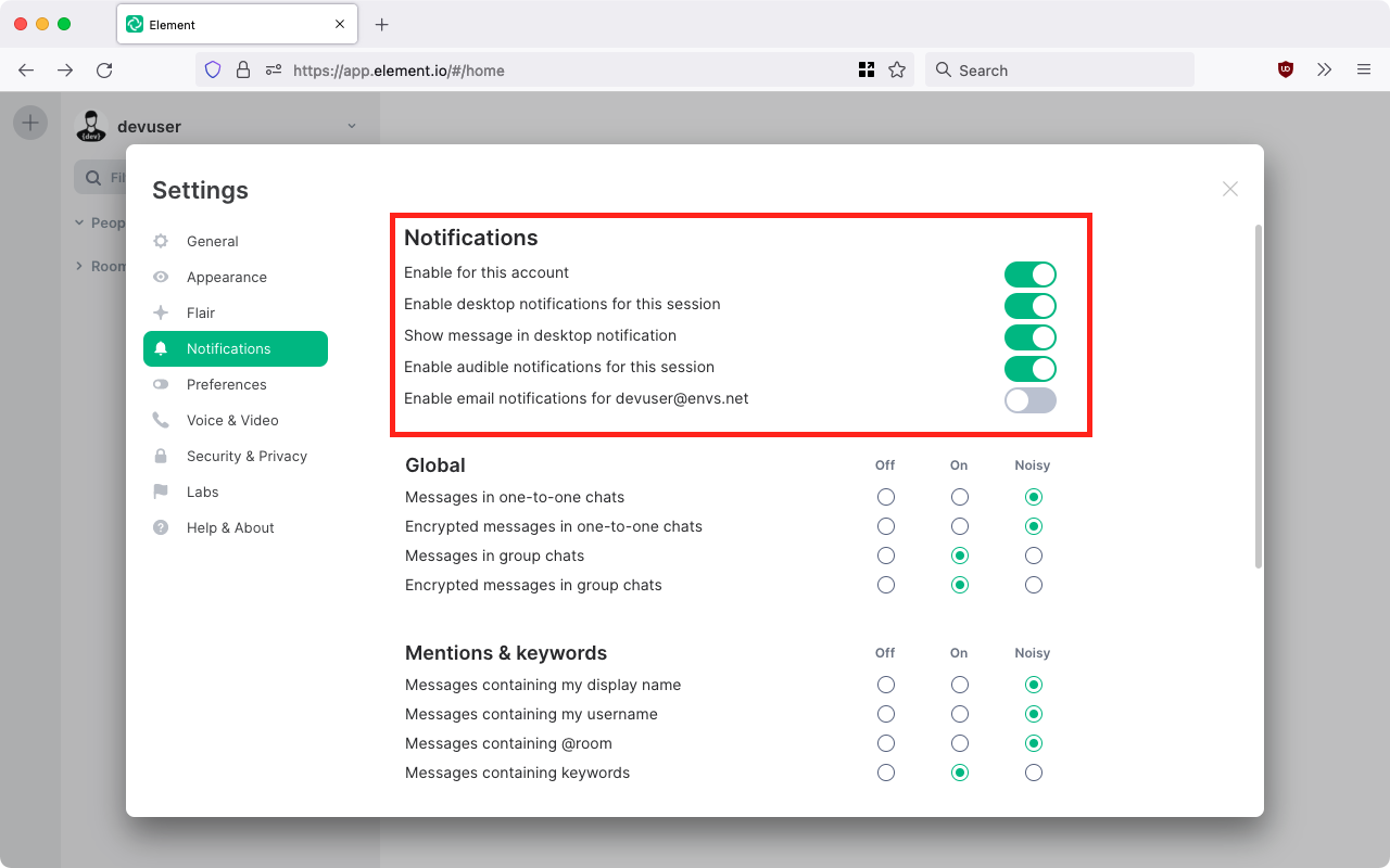 Screenshot of the notification settings with a marker of the switched off e-mail notifications