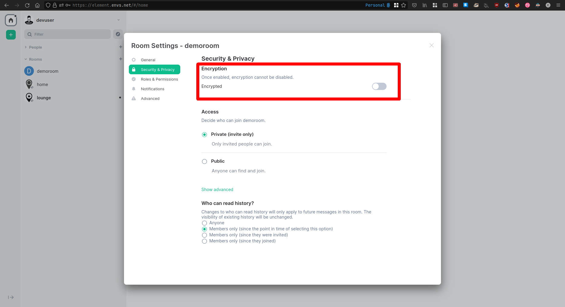 Enable encryption in the room settings