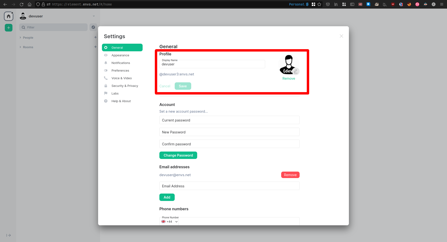 Marking of the field Display name and profile picture in the settings