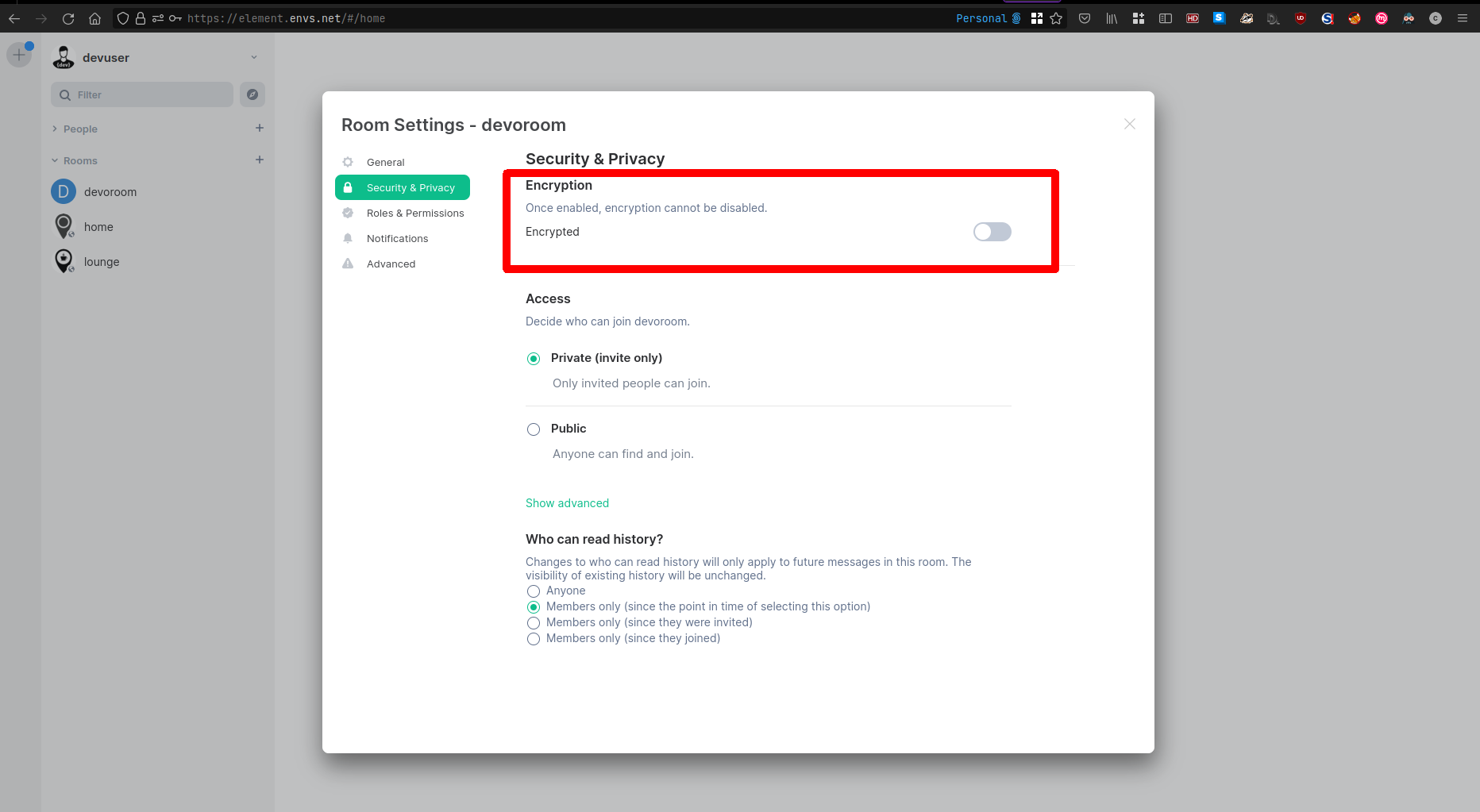 Enable encryption in the room settings