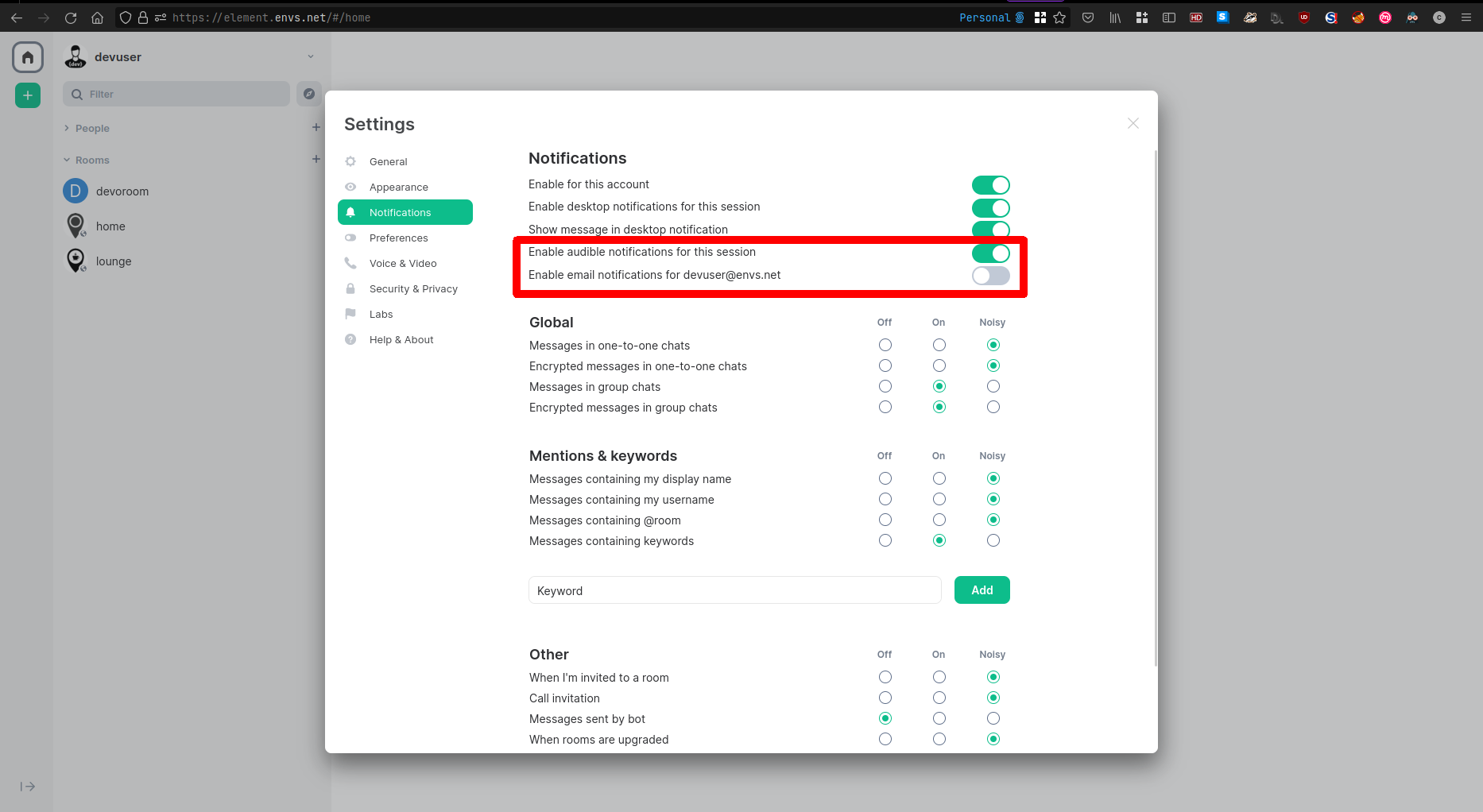 Screenshot of the notification settings with a marker of the switched off e-mail notifications