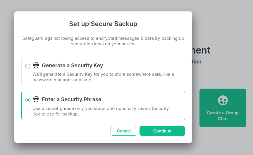 Prompt to generate the security key or enter a security phrase
